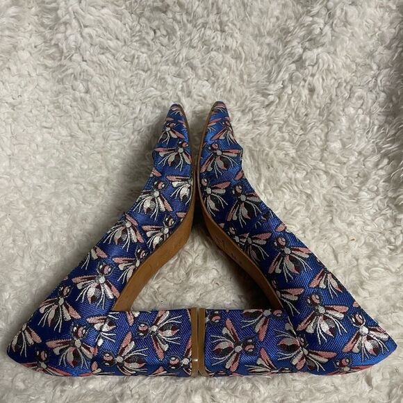 Marc Fisher brocade fabric royal blue   colorful flies print block heels SZ10M - Picture 6 of 11